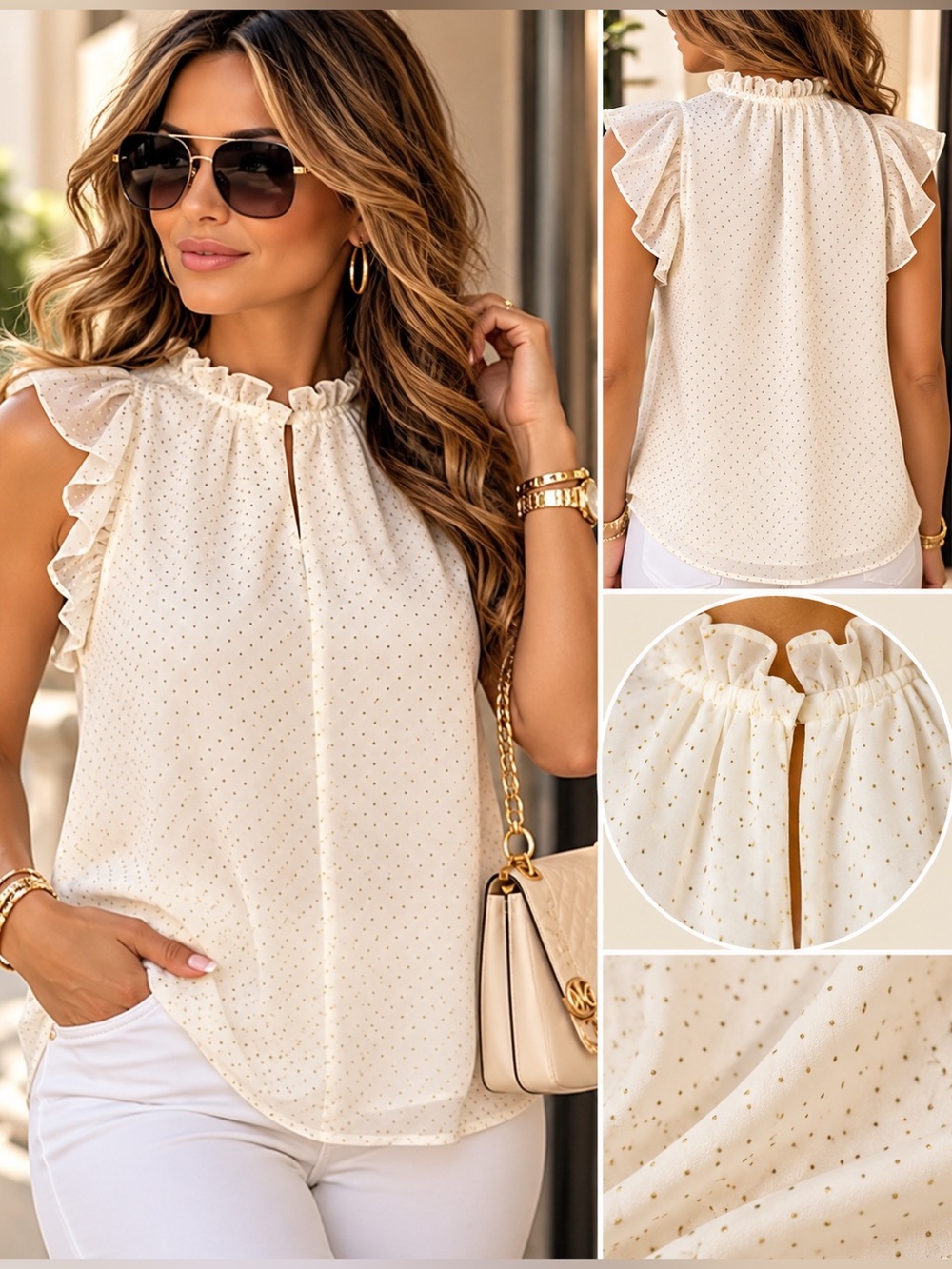 MICHAEL Michael Kors Dewdrop Gold Polka Dot Chiffon Ruffle Top Elegant Medium